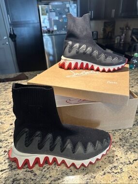 Christian Louboutin Black Knit Sock Sneakers with Red Zigzag Sole shark boot